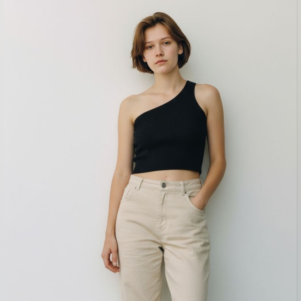 House of Harlow 1960 Black One-Shoulder Ribbed Knit Crop Top Sz Xs
